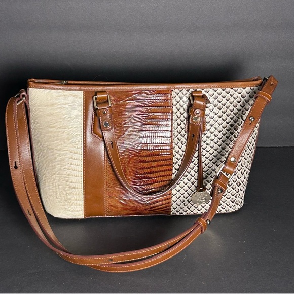 Brahmin Handbags - Brahmin Mini Asher Satchel Brown Sahara Cream Leather Croc Embossed Shoulder Bag